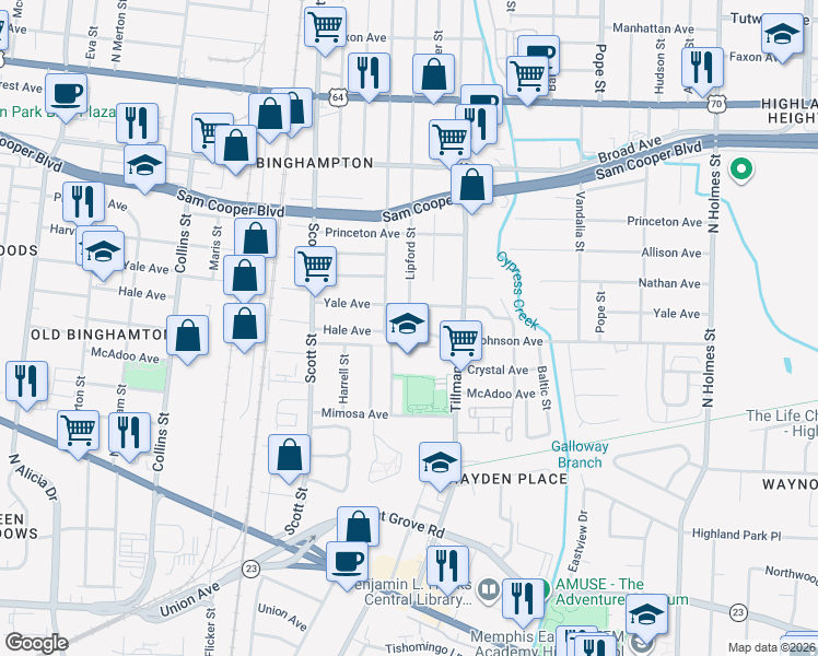 map of restaurants, bars, coffee shops, grocery stores, and more near 2909 Hale Avenue in Memphis