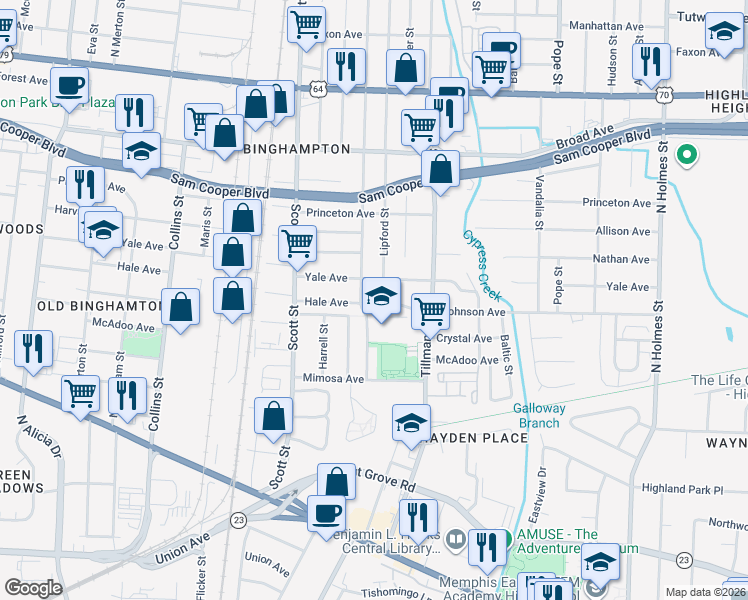 map of restaurants, bars, coffee shops, grocery stores, and more near 2909 Hale Avenue in Memphis