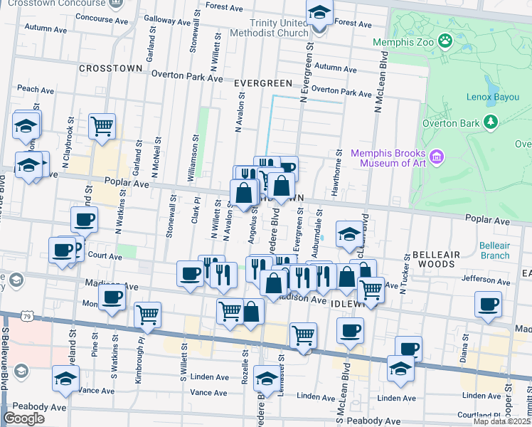 map of restaurants, bars, coffee shops, grocery stores, and more near 154 North Belvedere Boulevard in Memphis
