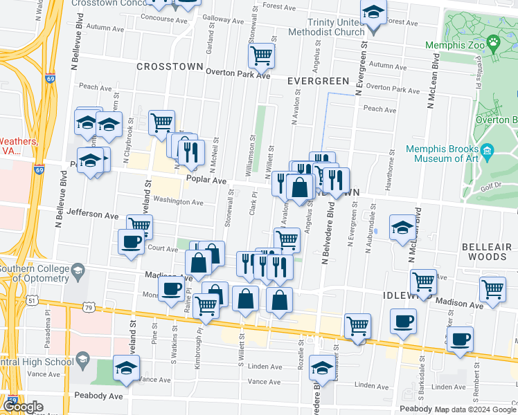 map of restaurants, bars, coffee shops, grocery stores, and more near 136 Clark Place in Memphis