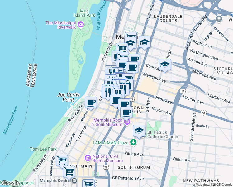 map of restaurants, bars, coffee shops, grocery stores, and more near 100 South Main Street in Memphis