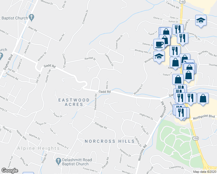 map of restaurants, bars, coffee shops, grocery stores, and more near 5404 May Circle in Chattanooga