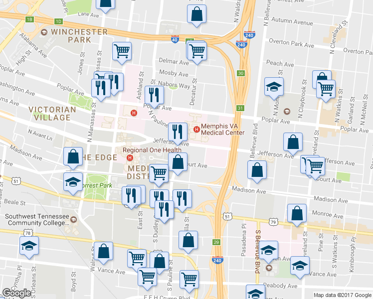 map of restaurants, bars, coffee shops, grocery stores, and more near 1017 Jefferson Avenue in Memphis