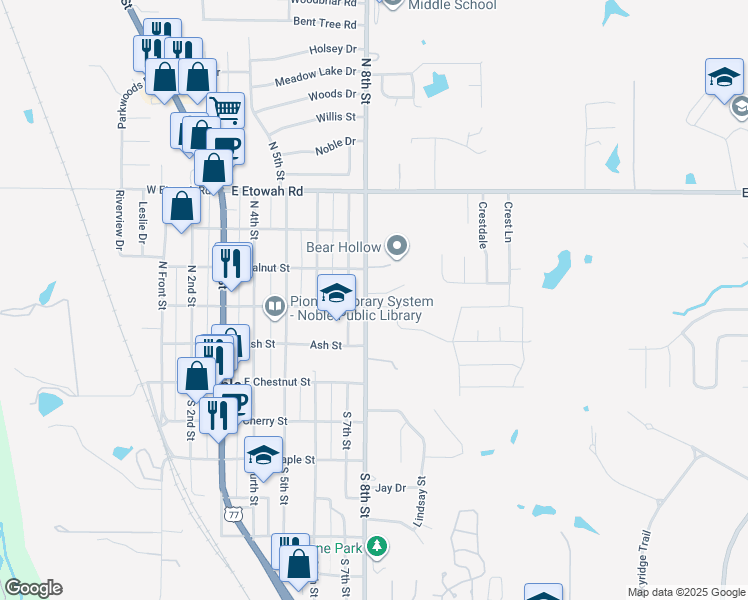 map of restaurants, bars, coffee shops, grocery stores, and more near 301 North 8th Street in Noble
