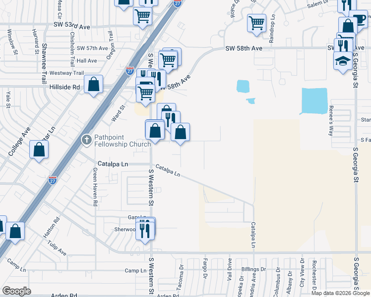 map of restaurants, bars, coffee shops, grocery stores, and more near 6501 Storage Drive in Amarillo