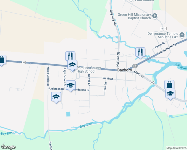 map of restaurants, bars, coffee shops, grocery stores, and more near 414 South St in Bayboro