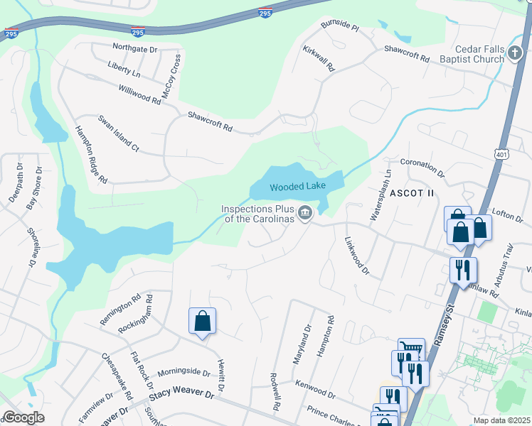 map of restaurants, bars, coffee shops, grocery stores, and more near 425 Sedgemoor Road in Fayetteville
