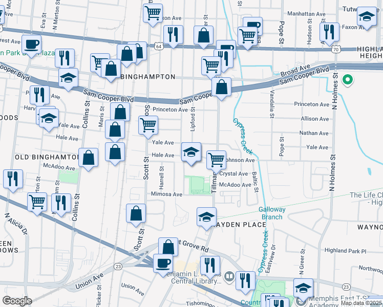 map of restaurants, bars, coffee shops, grocery stores, and more near 2909 Hale Avenue in Memphis