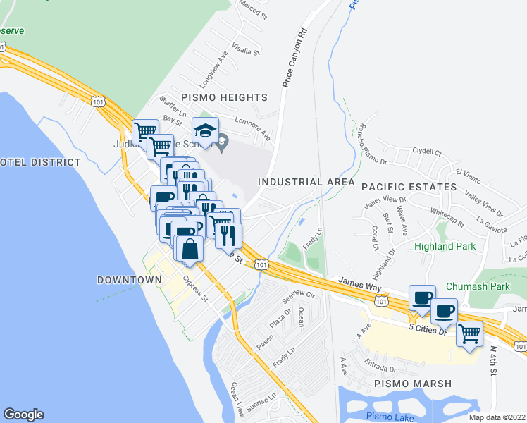 map of restaurants, bars, coffee shops, grocery stores, and more near 472 Bello Street in Pismo Beach