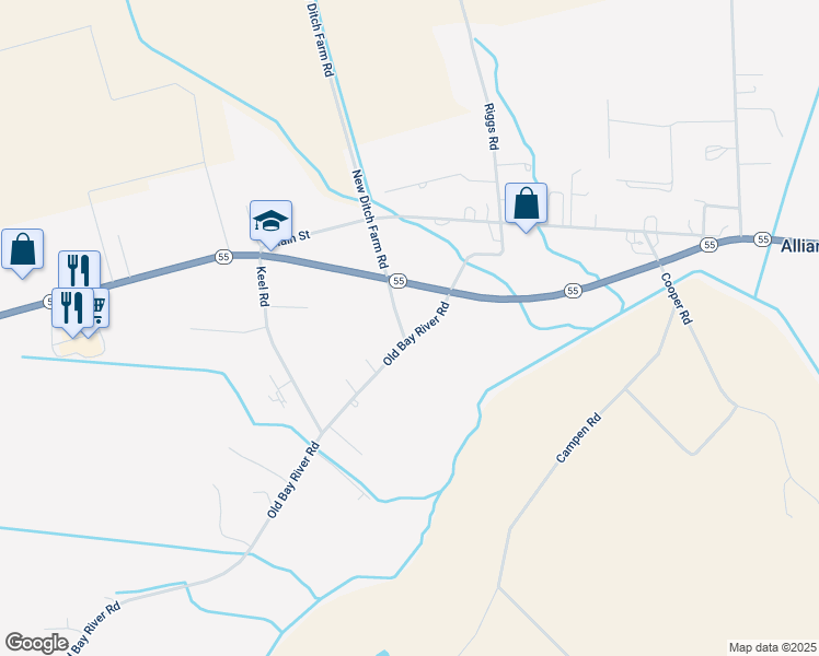 map of restaurants, bars, coffee shops, grocery stores, and more near 1757 Old Bay River Road in Grantsboro