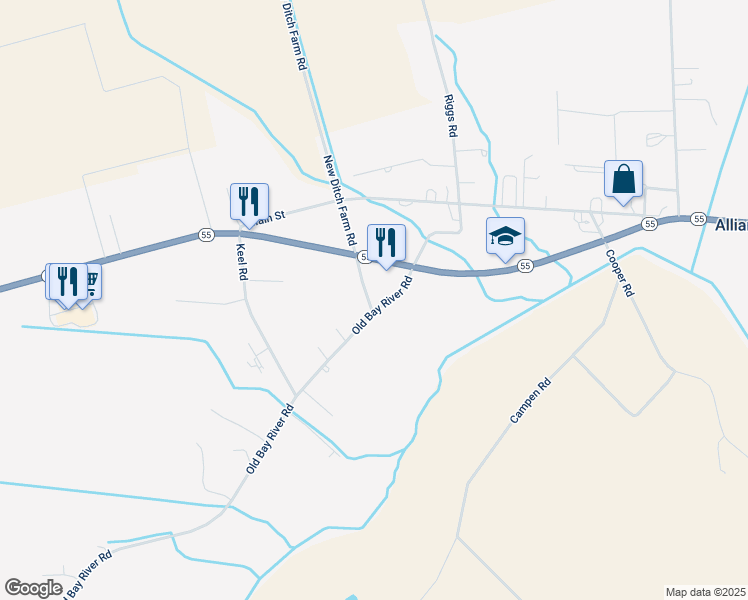 map of restaurants, bars, coffee shops, grocery stores, and more near 1757 Old Bay River Road in Grantsboro