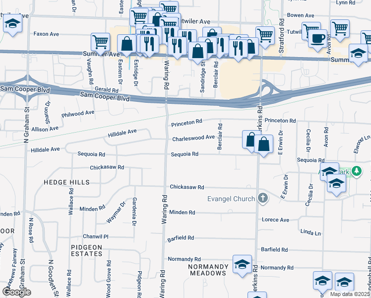 map of restaurants, bars, coffee shops, grocery stores, and more near 4426 Sequoia Road in Memphis