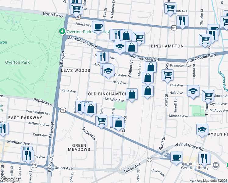map of restaurants, bars, coffee shops, grocery stores, and more near 257 North Bingham Street in Memphis