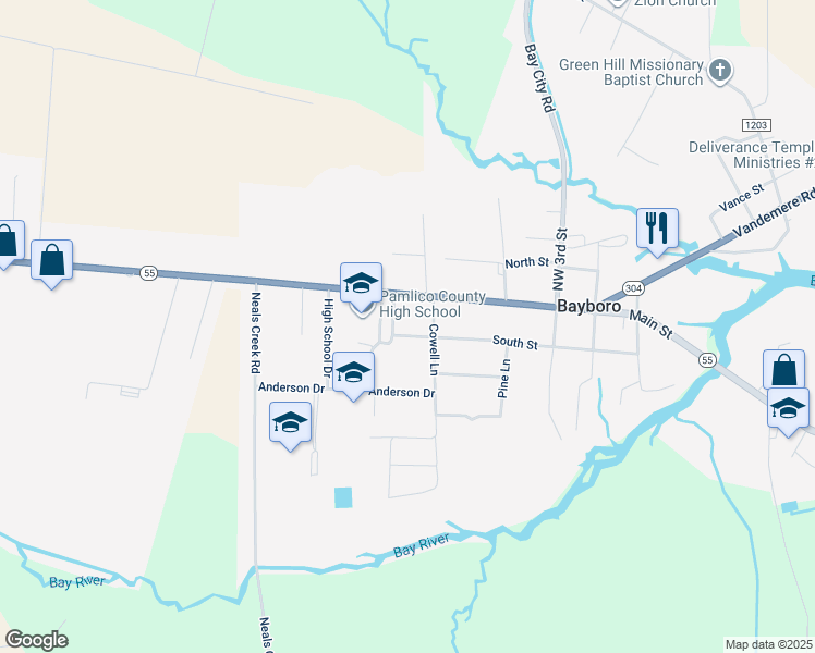 map of restaurants, bars, coffee shops, grocery stores, and more near 508 South Street in Bayboro