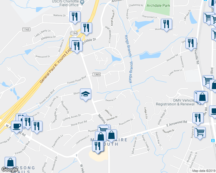 map of restaurants, bars, coffee shops, grocery stores, and more near 300 Fairgreen Drive in Charlotte
