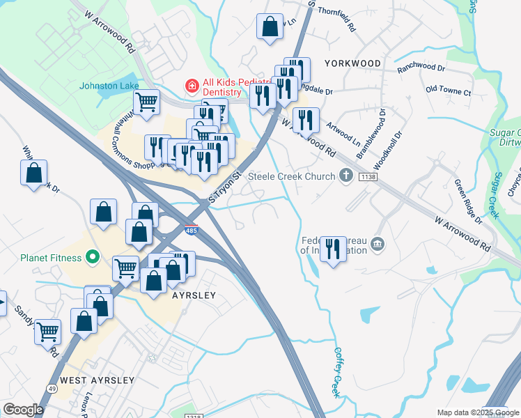 map of restaurants, bars, coffee shops, grocery stores, and more near 2101 Yager Creek Drive in Charlotte