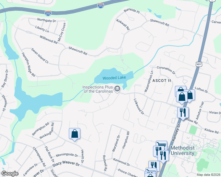 map of restaurants, bars, coffee shops, grocery stores, and more near 3212 Nottinghill Road in Fayetteville