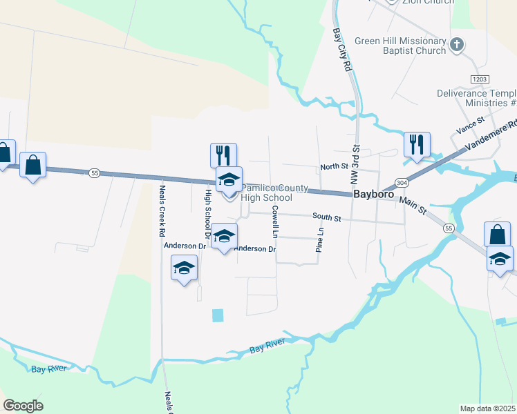 map of restaurants, bars, coffee shops, grocery stores, and more near 508 South Street in Bayboro
