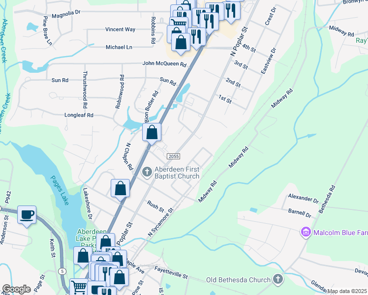 map of restaurants, bars, coffee shops, grocery stores, and more near 908 North Poplar Street in Aberdeen