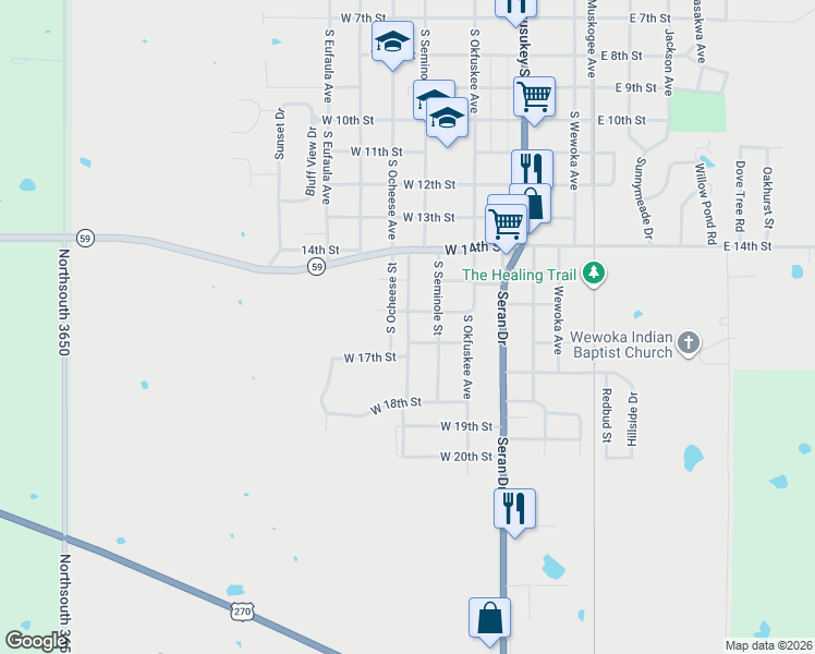 map of restaurants, bars, coffee shops, grocery stores, and more near 1624 South Ocheese Avenue in Wewoka