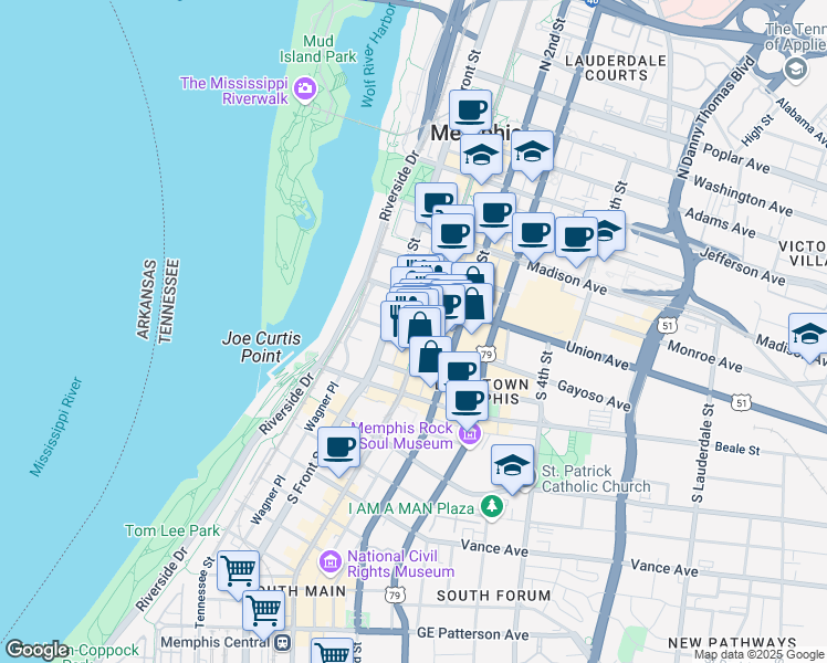 map of restaurants, bars, coffee shops, grocery stores, and more near 100 South Main Street in Memphis