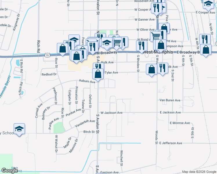 map of restaurants, bars, coffee shops, grocery stores, and more near 395 Cypress Point in West Memphis