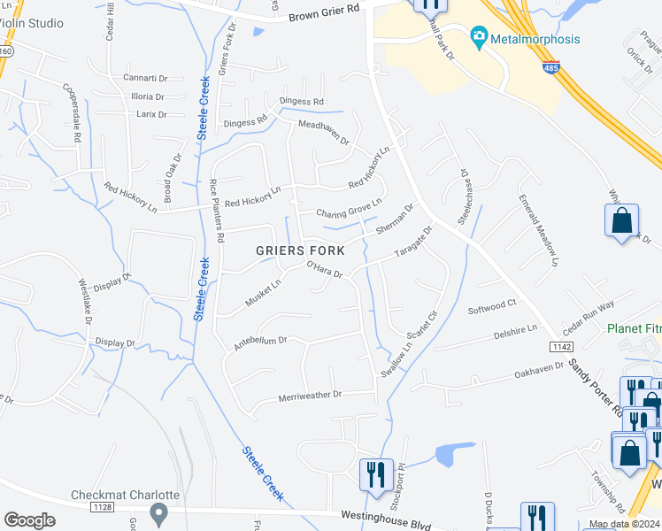map of restaurants, bars, coffee shops, grocery stores, and more near 2425 O'Hara Drive in Charlotte
