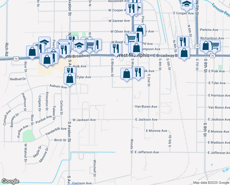 map of restaurants, bars, coffee shops, grocery stores, and more near 124 West Harrison Avenue in West Memphis