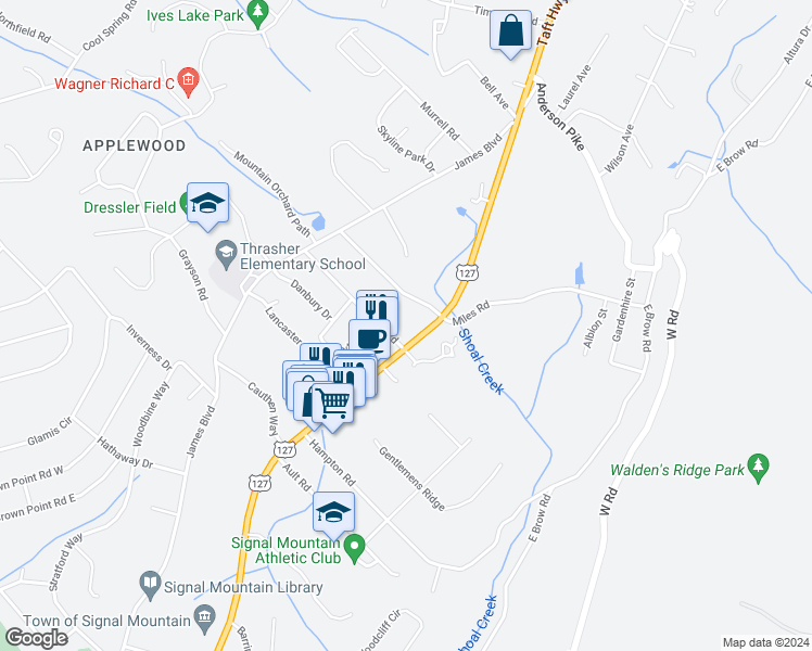 map of restaurants, bars, coffee shops, grocery stores, and more near 1315 Taft Highway in Signal Mountain