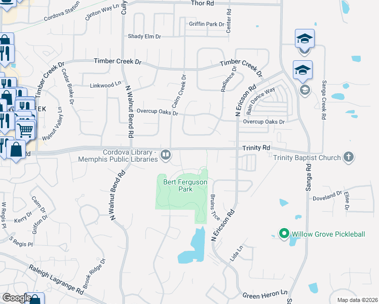 map of restaurants, bars, coffee shops, grocery stores, and more near 8505 Trinity Road in Memphis