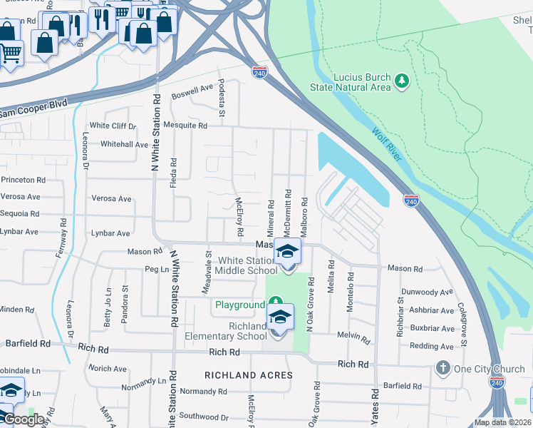 map of restaurants, bars, coffee shops, grocery stores, and more near 403 Mineral Road in Memphis