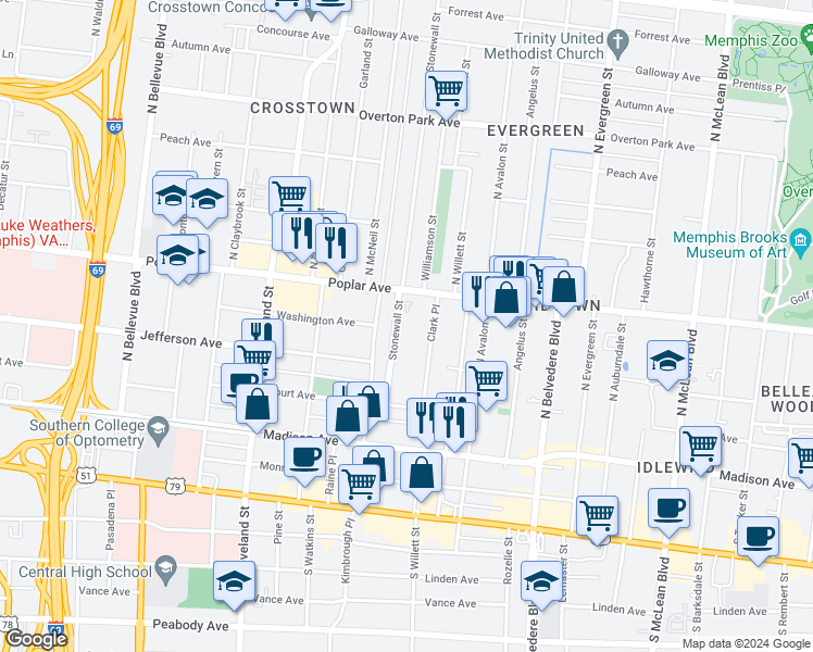 map of restaurants, bars, coffee shops, grocery stores, and more near 128 Stonewall Street in Memphis