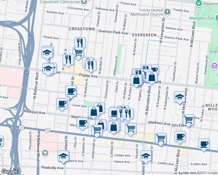 map of restaurants, bars, coffee shops, grocery stores, and more near 148 Stonewall Street in Memphis