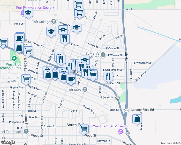 map of restaurants, bars, coffee shops, grocery stores, and more near 212 Lucard Street in Taft