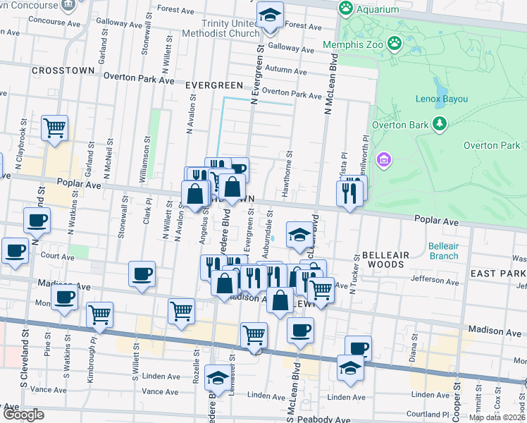 map of restaurants, bars, coffee shops, grocery stores, and more near 147 North Auburndale Street in Memphis