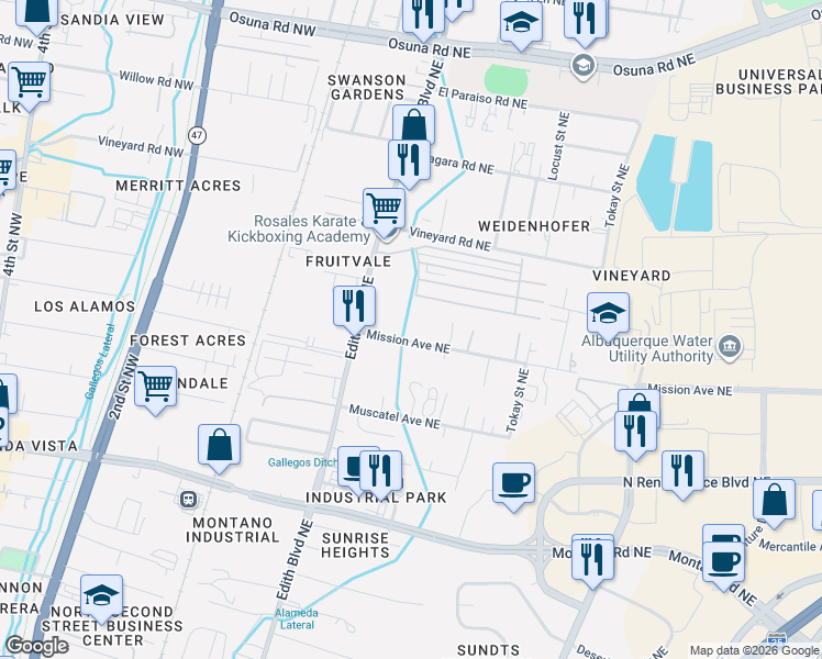 map of restaurants, bars, coffee shops, grocery stores, and more near 501 Mission Avenue Northeast in Albuquerque