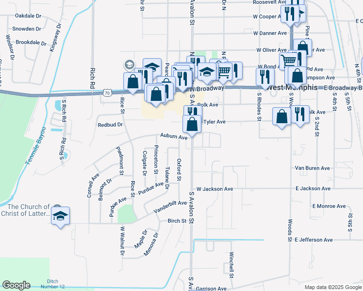 map of restaurants, bars, coffee shops, grocery stores, and more near 304 Oxford Street in West Memphis