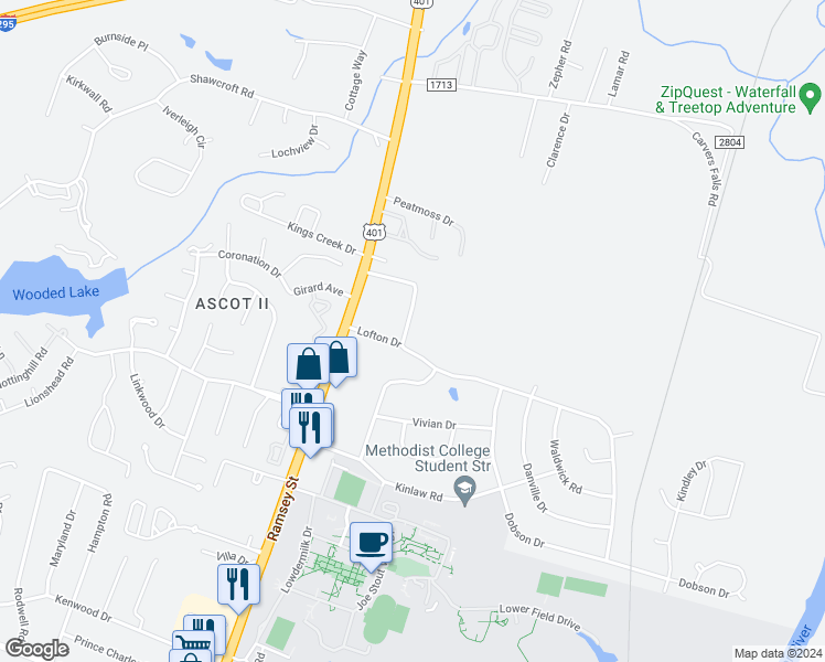 map of restaurants, bars, coffee shops, grocery stores, and more near 202 Heather Ridge Drive in Fayetteville