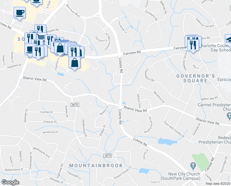map of restaurants, bars, coffee shops, grocery stores, and more near 3653 Maple Glen Lane in Charlotte