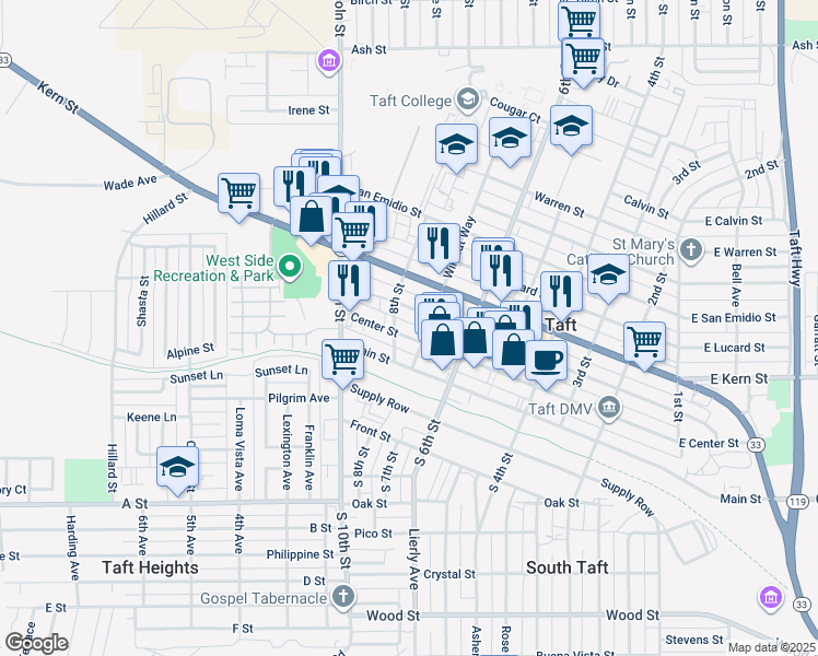 map of restaurants, bars, coffee shops, grocery stores, and more near 710 Center Street in Taft