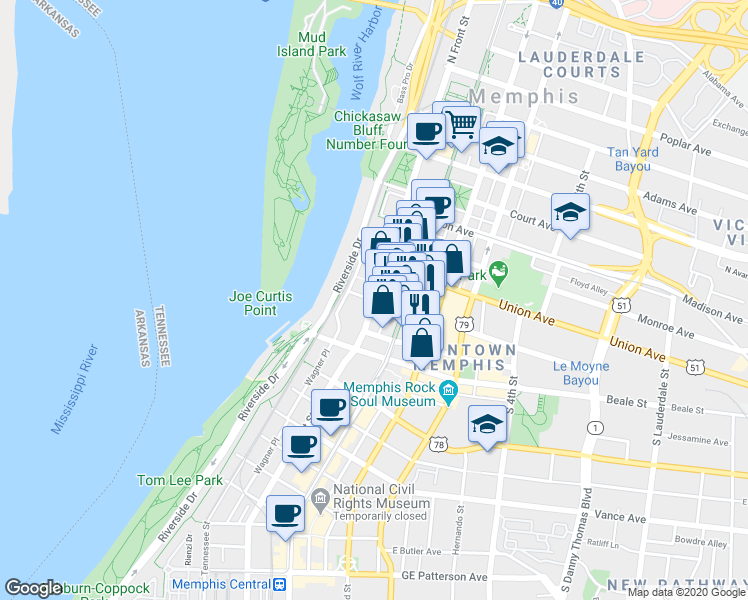 map of restaurants, bars, coffee shops, grocery stores, and more near S Front St & Gayoso Ave in Memphis