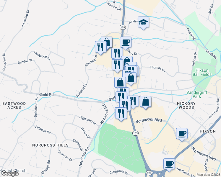 map of restaurants, bars, coffee shops, grocery stores, and more near 1005 Gadd Road in Chattanooga