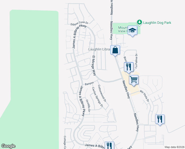 map of restaurants, bars, coffee shops, grocery stores, and more near 2171 Bay Club Drive in Laughlin