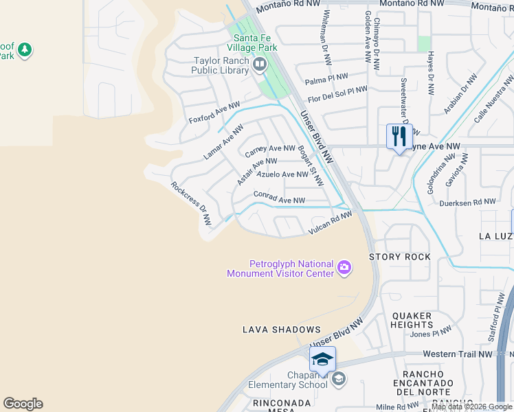 map of restaurants, bars, coffee shops, grocery stores, and more near 4973 Butte Place Northwest in Albuquerque