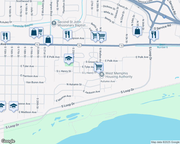 map of restaurants, bars, coffee shops, grocery stores, and more near 318 Chestnut Street in West Memphis
