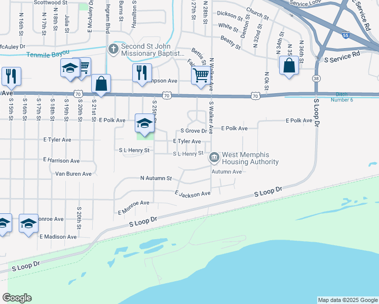 map of restaurants, bars, coffee shops, grocery stores, and more near 318 Chestnut Street in West Memphis