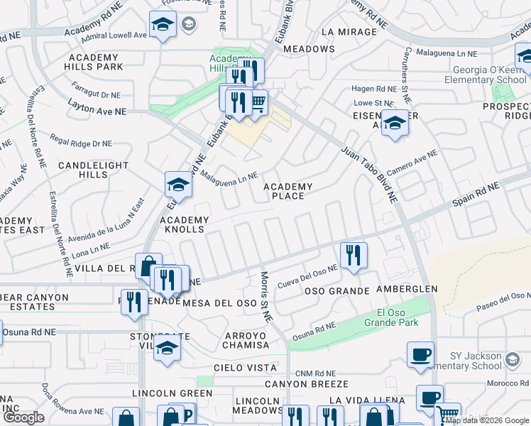 map of restaurants, bars, coffee shops, grocery stores, and more near 5412 Rawlings Road Northeast in Albuquerque