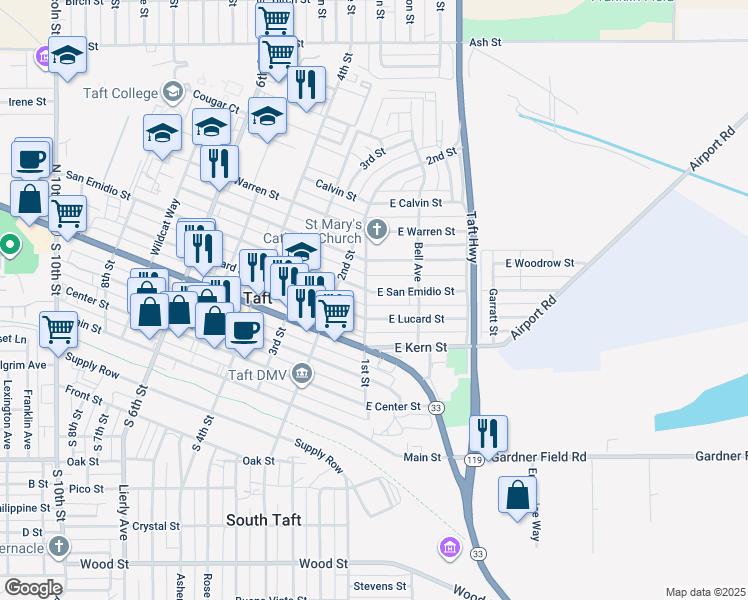 map of restaurants, bars, coffee shops, grocery stores, and more near 110 East Lucard Street in Taft