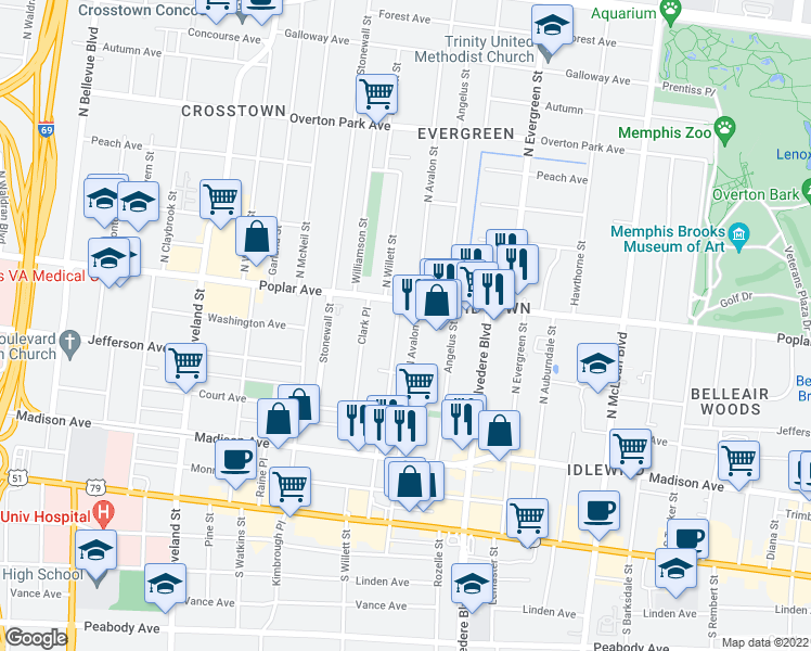 map of restaurants, bars, coffee shops, grocery stores, and more near 146 North Willett Street in Memphis