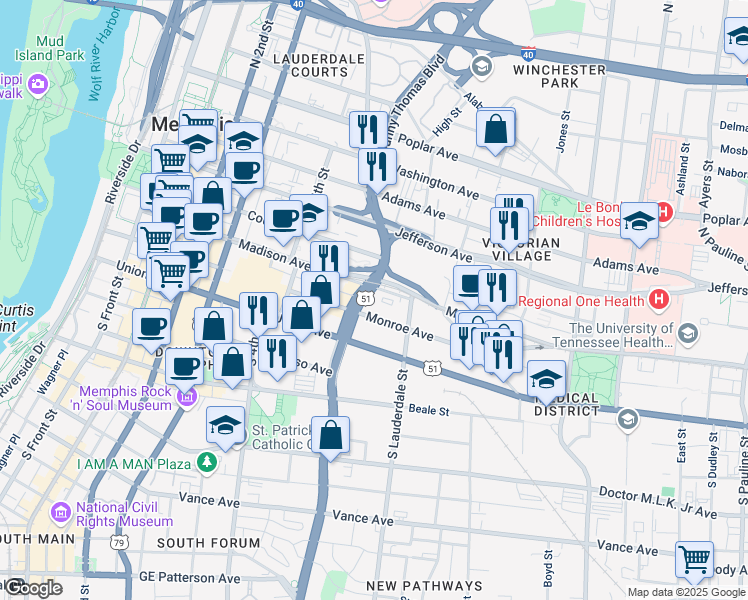 map of restaurants, bars, coffee shops, grocery stores, and more near 400 Monroe Avenue in Memphis